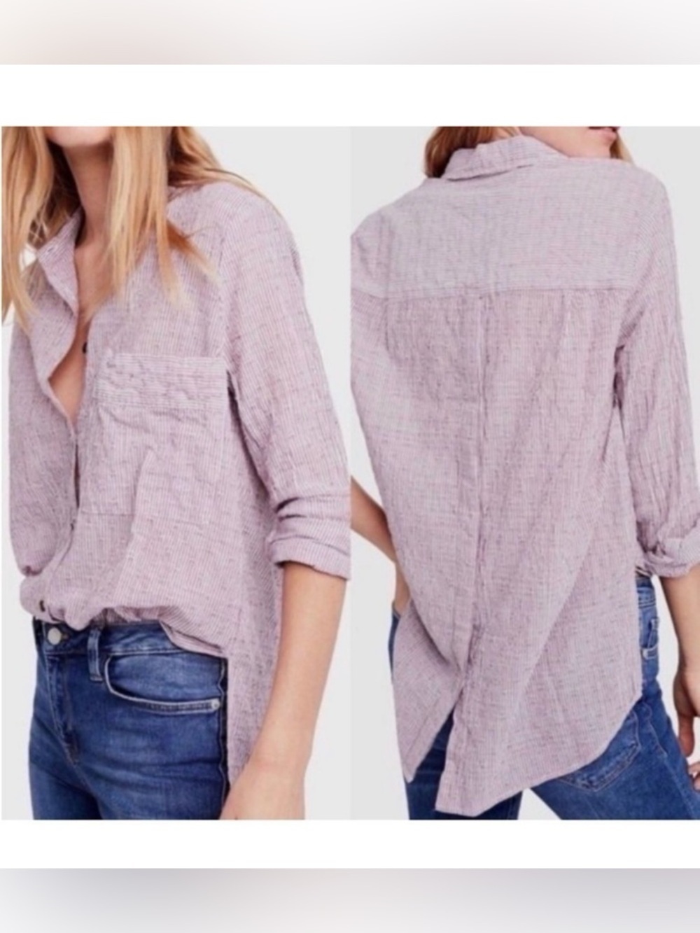 Free People No Limits Striped Split Back Top Red Pink Sangria Combo Button Front